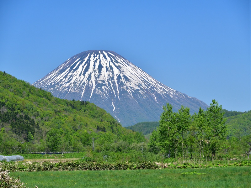 初夏の北海道喜茂別町で里山と残雪の羊蹄山の風景を撮影