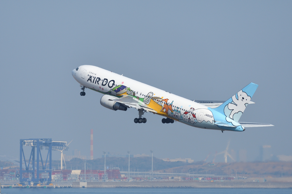 Tokyo, Japan - January 12, 2020:AIR DO Boeing B767-300 (JA602A) passenger plane. Special livery "Bear Do Hokkaido Jet" scheme.