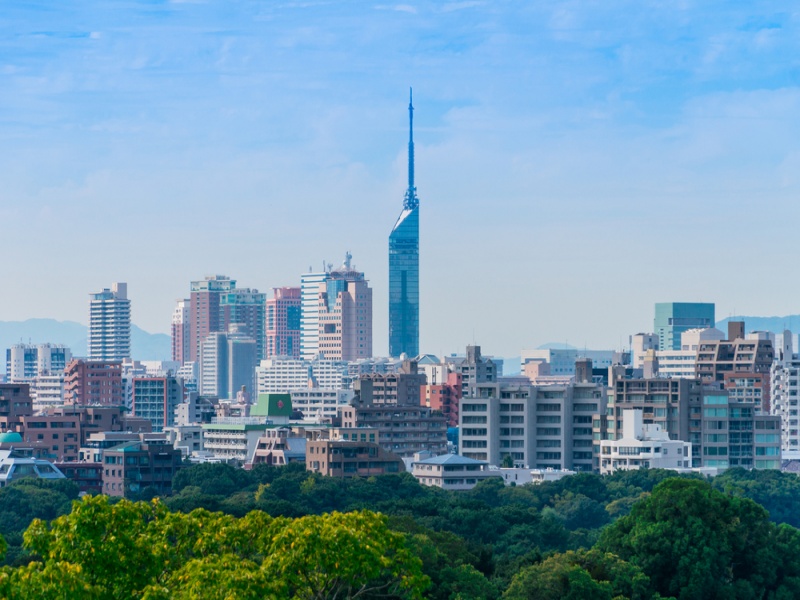福岡市の舞鶴公園から見る美しい景色と福岡タワーの背景