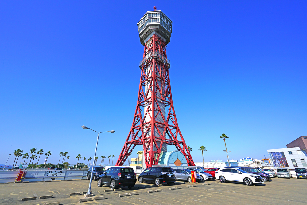 FUKUOKA, JAPAN -5 NOV 2017- View of the Hakata Port Tower, a red lattice metal observation tower in the Hakata district of Fukuoka, Japan.