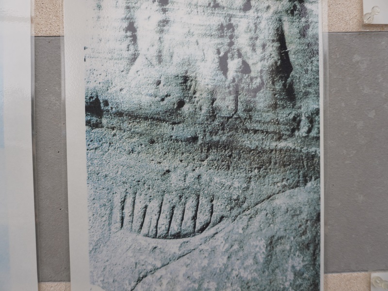 フゴッペ洞窟保存館にある「おそらく舟の刻画ではないか」といわれているパネル（館内は撮影禁止のため）。