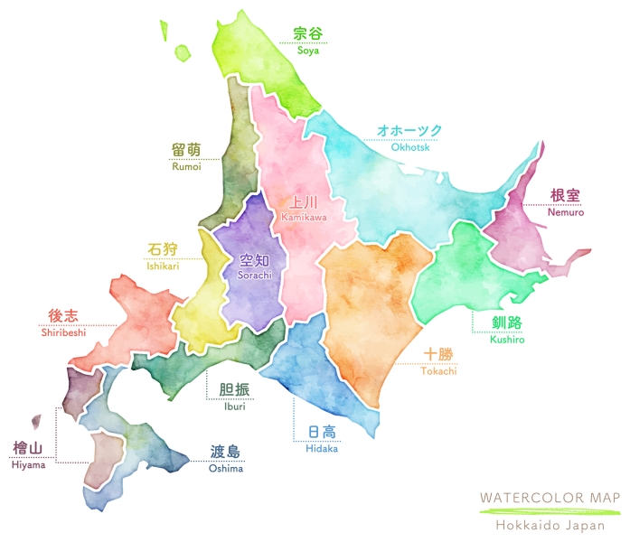 カラフルな水彩の北海道地図