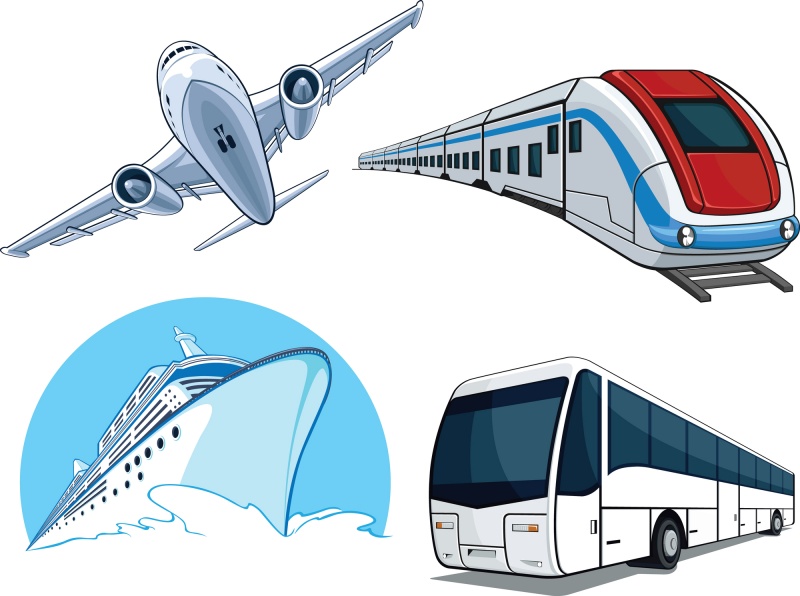 Airplane Train Cruise Ship Transportion Vehicle Cartoon Vector Drawing