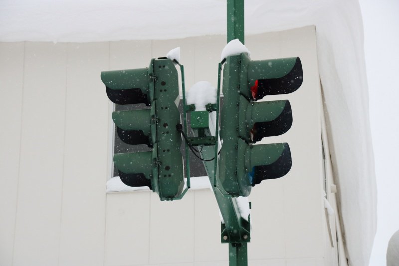 雪が降る日の信号機。(雪が多い地域に多く見られる縦型の信号機)