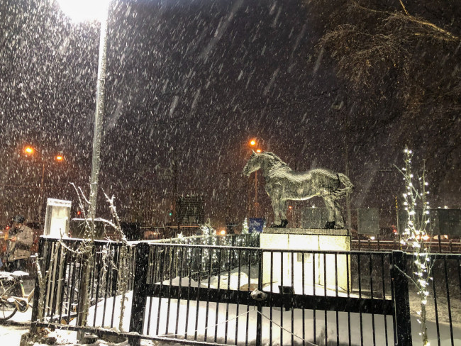 雪が積もったイレネー像