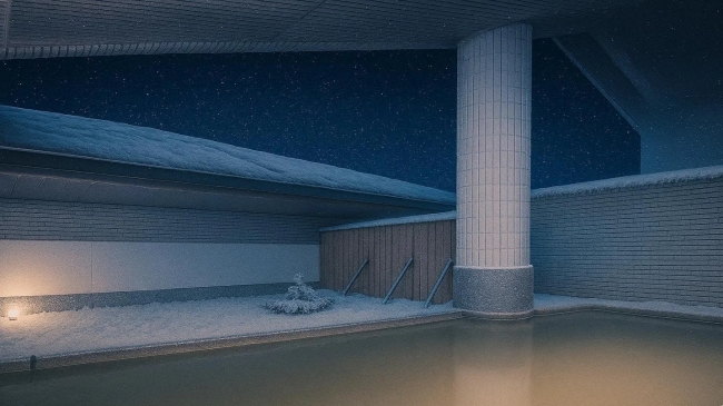 星空を眺める雪見露天風呂