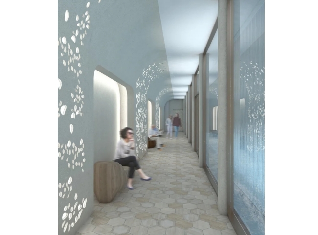 水の流れを感じる幻想的な廊下